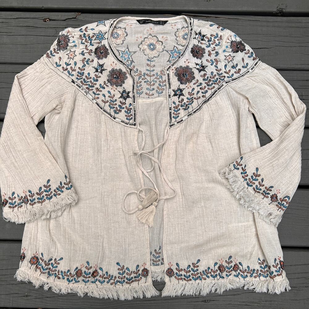 Zara Trafaluc Embroidered Sequin Boho Tunic Jacket Size S Ivory Fringe Tassel